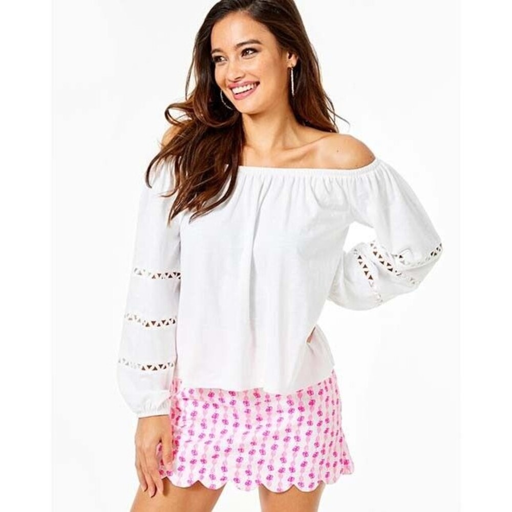 Lilly Pulitzer Katt Off-The-Shoulder Blouse Top Resort Cutout Lace S 252291 - Picture 2 of 9